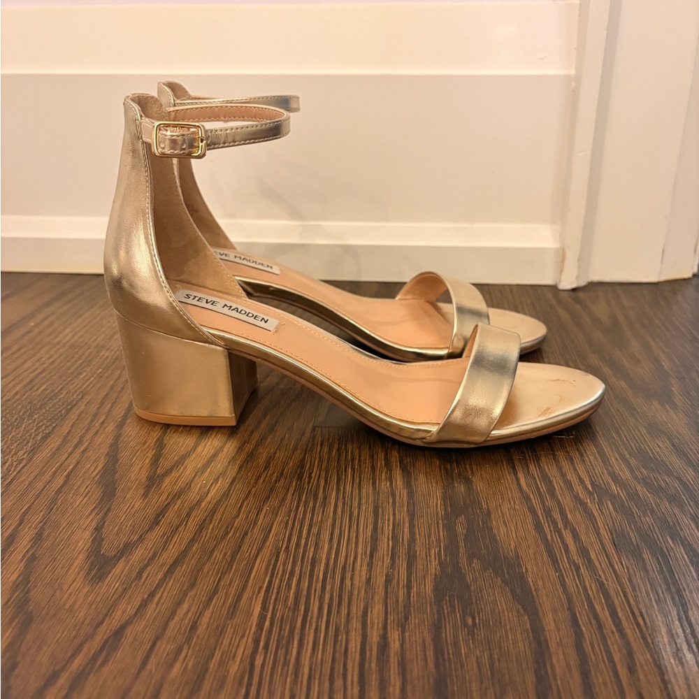 Steve Madden Metallic Gold Irene Block Heel Ankle Strap Sandals